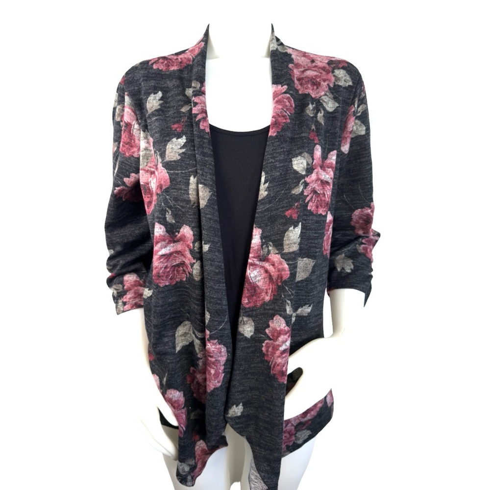 Naïf 2-in-1 Floral Open Front Cardigan Blouse -
Charcoal & Pink Rose Size L - Picture 4 of 7